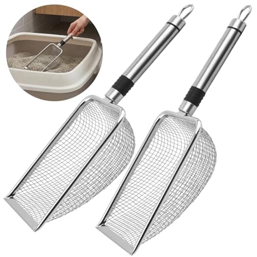 Chicken Poop Scooper 2 Pack, Stainless Steel Chicken Coop Scoop with 3.8mm & 5mm Mesh, Metal Litter Scoop for Chicken Coop Cleaning, Cat Litter Box and Sand