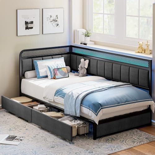 LIKIMIO Twin Corner Bed Frame ...nd Upholstered Guardrail, Gray