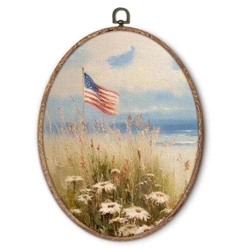 Hxlac Vintage American Flag Oval Wall Art Framed, 4th of July Patriotic Oval Wall Decor, Antique Farmhouse Coastal Canvas Prints Wall Sculptures for Home Bedroom Living Room Decor, 8.5x11.5 Inch