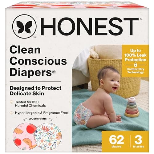 The Honest Company Comfort Dry Disposable Daytime Diapers for Sensitive Skin, Hypoallergenic, Fragrance-Free, Just Peachy + Flower Power, Club Box, Size 3 (16-28 lbs), 62 Count