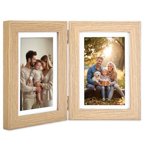 5x7 Double Picture Frame with Tempered Glass in WoodGrain,Vertical Display 4x6 with Mat or 5x7 without Mat, Engineered Wood Bifold Photo Frame for Tabletop,Nice Gift for Memories & Décor (PS008-WGX7)