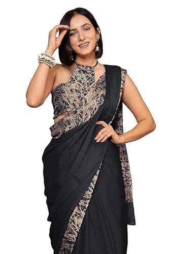 Bhuvik Creations Women's Floral Printed Saree, Multicolor, Chiffon, Indian Ethnic Sari for Festivals, Weddings & Parties (Black, Sea Green)