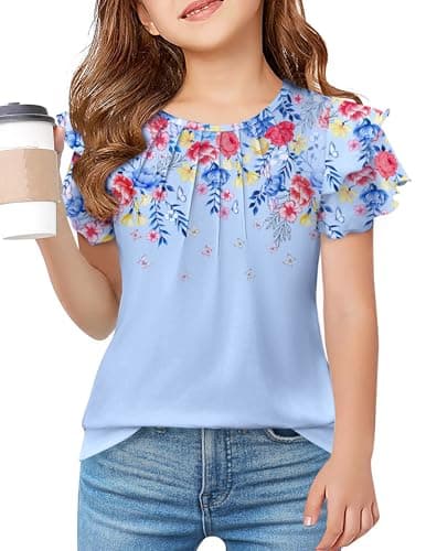 Arshiner Girls Summer Tops Short Sleeve Casual Shirts Floral Tee Trendy 2026 Basics Crew Neck Tshirt Floral Blue 11-12 Years