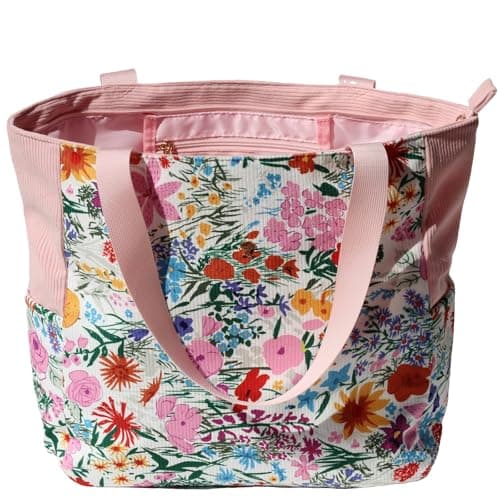 ESVAN Original Floral Water Resistant Large Tote Bag Shoulder Bag for Gym Beach Travel Daily Bags Upgraded (Corduroy Pink flower)