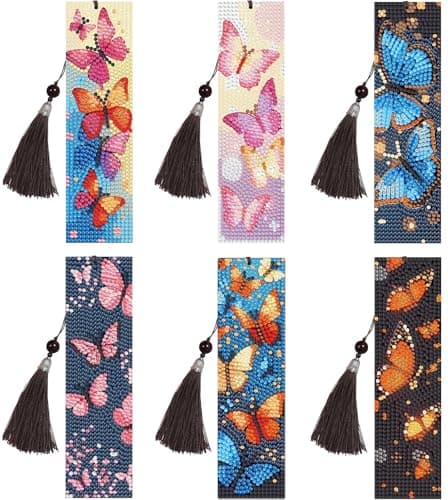 6 Pcs Butterfly Diamond Painting Bookmarks,Diamond Art Bookmarks with Tassel, Diamond Art Painting Kits for Beginners Adults DIY Art Craft Gifts Book Decors