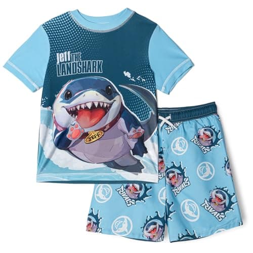 Marvel Rivals Jeff the Land Shark Little Boys Rash Guard and Swim Trunks UPF 50+ Outfit Set Blue Jeff 7-8