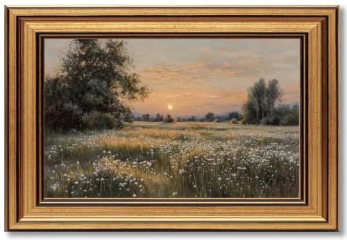 Vintage Gold Framed Sunset Canvas Wall Art, Country Landscape Poster Print Artwork, Wildflower Sea Painting Picture Wall Decor, for Living Room, Bedroom, Home Decoration, 9x11in