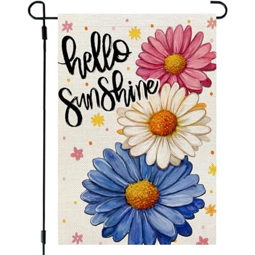 CROWNED BEAUTY Hello Sunshine Garden Flag Daisy Spring Summer 12x18 Inch Double Sided Small Seasonal Holiday Floral Farmhouse Decoration for Outside Yard