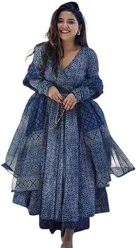 RETRO RETREAT COIN Women's Traditional Cotton Anarkali Printed Kurta with Pant & Dupatta (US, Alpha, XX-Large, Regular, Regular, Blue)