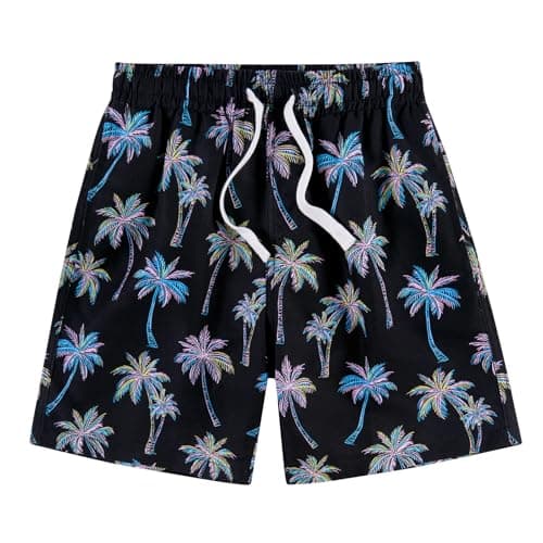 Cozople Teen Boys Swim Trunks with Mesh Liner Hawaii Black Palm Tree Graphic Bathing Suit Quick Dry Soft Liner Anti Chafe Swimming Shorts Swimsuit Size 14-16
