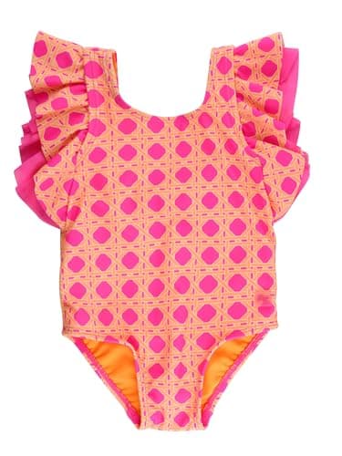 RuffleButts Girls UPF50+ Sun Protection Sleeveless Butterfly Sleeve/Waterfall One Piece Swimsuit - Neon Sherbet Cane, 6