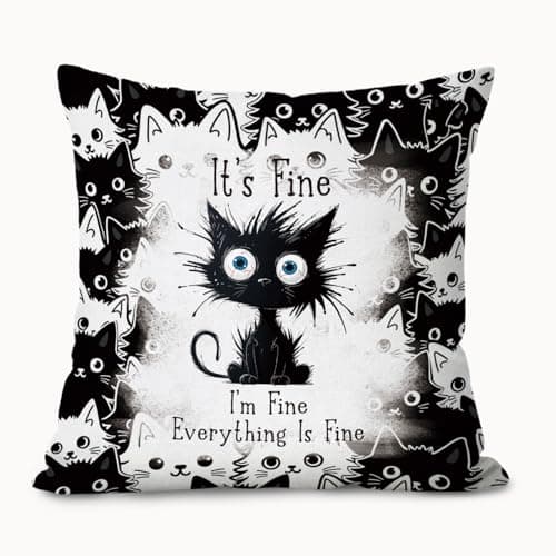 LIANGW Funny Black Cat Pillow Covers 18x18, Black Cat Decor, It's Fine I'm Fine Everything is Fine Decorative Throw Pillow Covers Pillowcases for Bedroom Living Room Home Decor