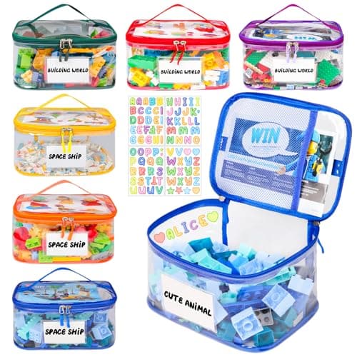 Tesuko 6 Pack Clear Toy Storage Bag with Name Tag& Manual Pocket, Waterproof Transparent PVC Toy Organizer Case for Lego Bricks, Board Games, Building Blocks, Puzzles (Large Capacity, Colorful)