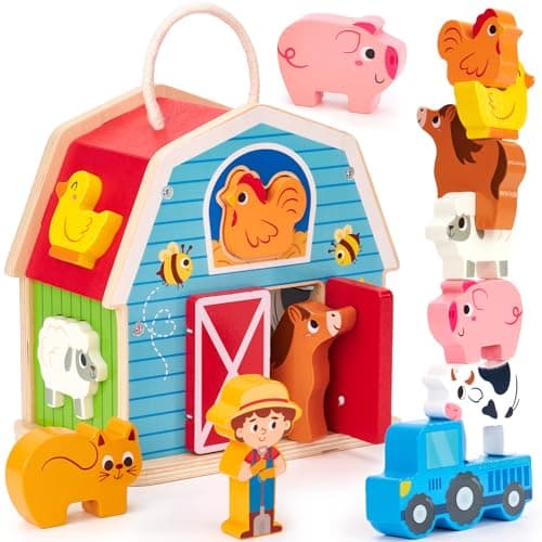 hahaland Wooden Montessori Toys for 1 Year Old, Farm Animals Barn for Toddlers 1-3 Shape Sorter Stacking Learning Toy for 1 2 3 Year Old Boys Girls Educational Toy Christmas Birthday Gift