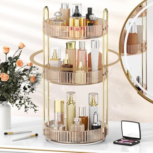 MOKANI 360 Rotating Makeup Organizer for Vanity, 3 Tier Adjustable Perfume Organizer for Dresser, Multi-Function Spinning Cosmetics Skincare Storage for Bedroom, Dresser, Countertop, Amber