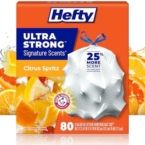 Hefty Ultra Strong Signature Scents 13 Gallon Trash Bags, Citrus Spritz Scent, Tall Kitchen Trash Bags with 25% More Scent Technology, White, 80 Count