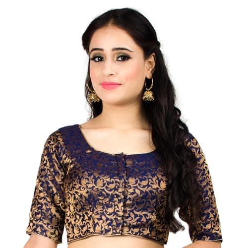 Chandrakala Banarasi Blouses for Women Sarees,Readymade, Navy Blue,Small (B214NAV2)