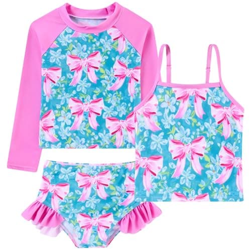 Funnycokid 3t 4t Swimsuit Pink Bow Floral Rash Guard Set Long Sleeve 3 Piece Tankini Set Kids Rashguard Toddler Swimwear