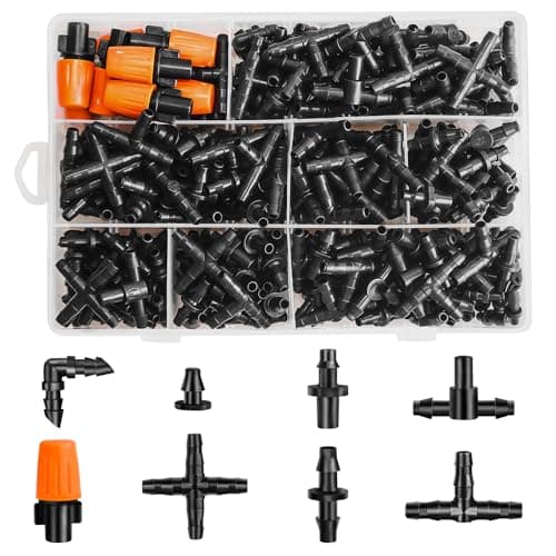 TTioDri 280 Pcs Barbed Connectors Irrigation Fittings Kit, Drip Irrigation Barbed Parts 1/4'' Tubing Kit for Garden Lawn (Nozzles, Nozzle Tees, Single Barbs, Couplings, Tees, Elbows, Plugs, Crosses)