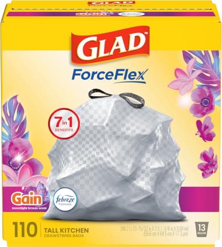 Glad 13-Gallon ForceFlex Tall Moonlight Breeze Kitchen Trash Bags 110-Count Pack for $18 + free shipping w/ Prime