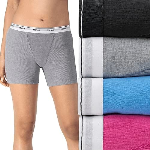 Hanes Women's Originals Boxer Brief Pack, Stretch Cotton Mid-Thigh Panties, Fashion, 4-Pack