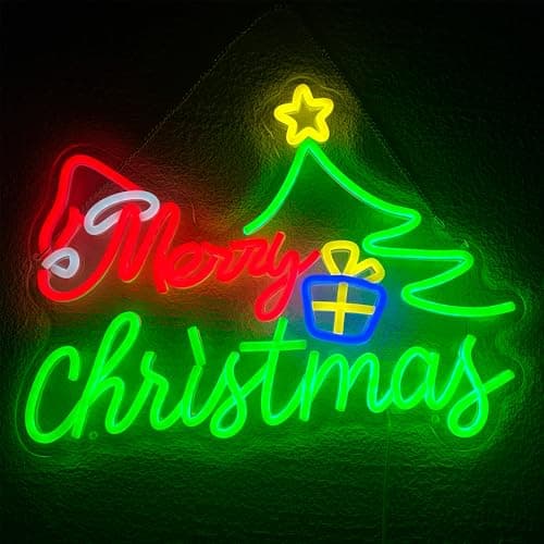 Merry Christmas Neon Sign for Decor, Neon Window Light with Xmas Tree Art Santa Hat, 16.4"x12.6" Wall Decoration for Christmas Party Bar Pub Club Kids Bedroom Decorations Family Gifts, USB Powered