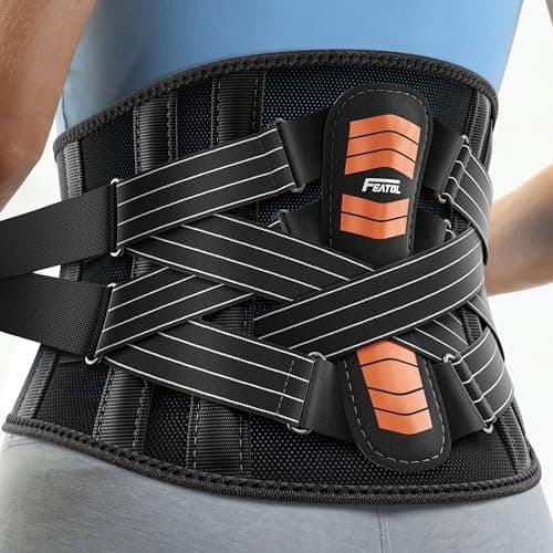 FEATOL Back Brace for Men Lower Back and Women, Removable Dual-Side Spine Lumbar Pad with Snug Fit, Adjustable Support Belt for Work, Orange, Size L 34.5-39"