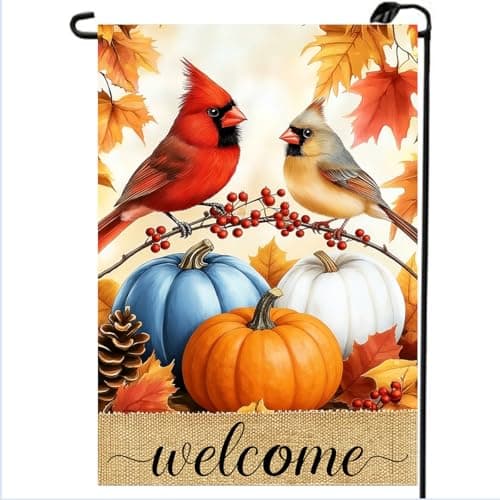 Welcome Fall Pumpkin Cardinal Garden Flags 12x18 Double Sided, Small Burlap Autumn Thanksgiving Farmhouse Outdoor Fall Decorations Yard Porch Lawn Flags for Outside