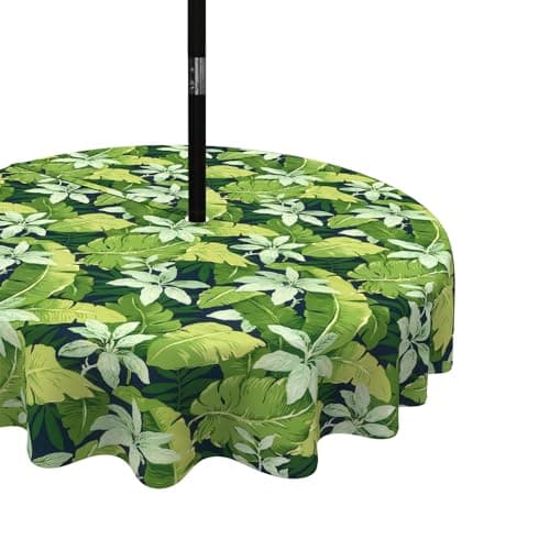 LVTXIII Outdoor/Indoor Round Tablecloth, Patio Stain Resistant Table Covers with Umbrella Hole and Zipper for Patio Garden Buffet Table Decoration, 60 Inch, Jungle Leaves
