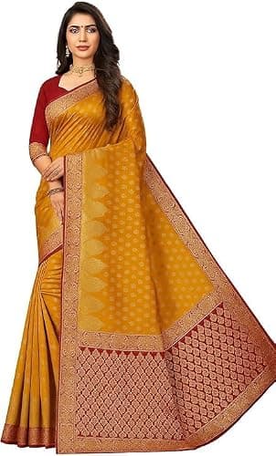AD CREATION Women’s Banarasi Silk Saree with Golden Zari Border Elegant Festive & Wedding Wear with Unstitched Blouse Piece (Golden Yellow & Red)