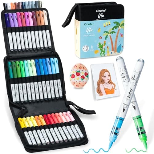 Ohuhu Acrylic Paint Markers Brush Tip: 48 Colors Automatic Ink Control Acrylic Markers Balanced Coverage Paint Pens Waterproof Lightfast for Rock Painting 3D Prints Wood DIY Crafts for Beginners - Ulu