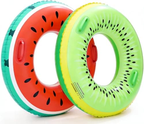 2PCS 30IN Inflatable Swim Tube Raft with Summer Fruits Painting,Pool for Swimming Pool Floaties Birthday Beach Swimming Shower Party Decorations (Watermelon&Kiwi)