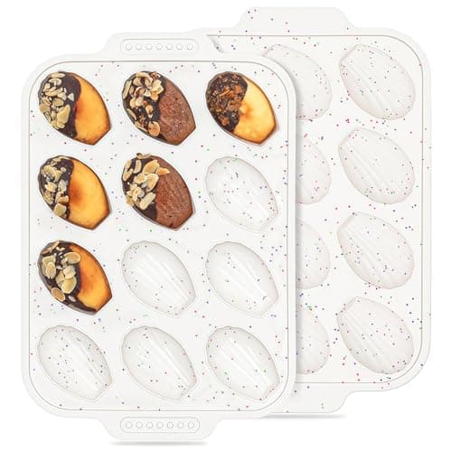 Vinino 2-Pack Silicone Madeleine Pan with Metal Reinforced Frame, 12-Cavity Shell Shape Madeleine Mold with Non-Slip Handle, Nonstick Madeleine Cookie Trays for Oven, BPA Free, Dishwasher Safe- Cream