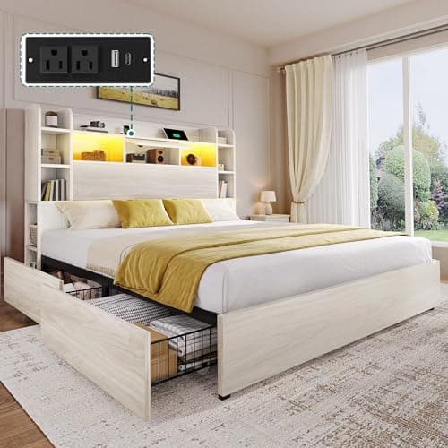 DWVO Queen Size Bed Frame with...ded, Noise Free, Antique White