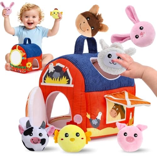ZXHWTG Baby Toys 6-12 Months, Soft Barn Montessori Sensory Infant Toy for 6 7 8 9 10 Month Old, 1st Birthday Baby Gifts for 1 Year Old Boy Girl, Stuffed Farm Animals, Rattle Squeaky Crinkle Sound