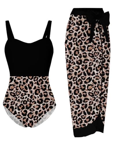 UNIFACO Girls One Piece Swimsuit with Cover Up Skirt Size 10-12 - Black Leopard Print Bathing Suit Set for Kids Beach Pool