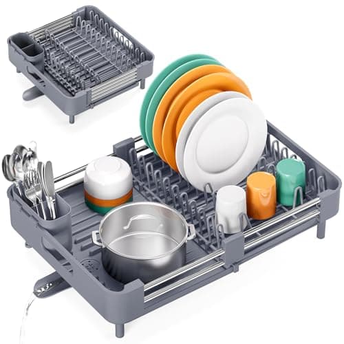 TOOLF Dish Drying Rack, Expand...ith Cutlery & Cup Holder, Gray