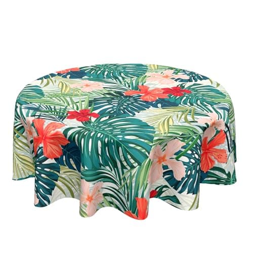 Vrysenium Hawaiian Tablecloth Round 60 Inch Summer Tropical Palm Leaves and Floral Table Cloth Circle Monstera Flower Table Cover Tabletop for Dining Room Kitchen Party Picnic Dinner Table Decor