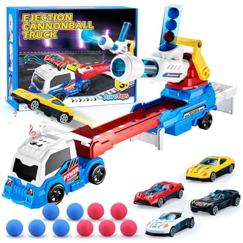 AuroTops Boy Toys Age 3 4 5 6 Year Old Boy Gifts for Kids Gifts Toy Trucks with Light & Sounds Toys for Kids Age 3 4 5 6 7 8 Years Old,Include Eejection&Shooting Truck,4 Racing Cars