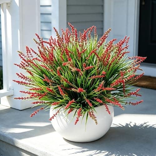 Outdoor Faux Plants, 12 Pcs Fake Plant UV Resistant Monkey Grass Lavender Flowers, Artificial Greenery Shrubs Bush for Outside Planter Patio Garden Front Porch Door Yard Spring Summer Decor, Red