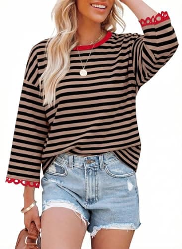 Dokotoo Women's Sweatshirt Long Sleeve Striped Oversized Sweatshirts Crew Neck Relaxed Fit Lightweight Soft Cute Casual Pullover Sweatshirt Tops Brown X-Large