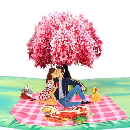 CUTE POPUP 3D Pop Up Anniversary Card for Wife Husband Girlfriend Boyfriend - Cherry Blossom Romantic Couple Picnic Scene - Wedding Anniversary, I Love You, Birthday - 6x8 Inch Handmade with Enve...