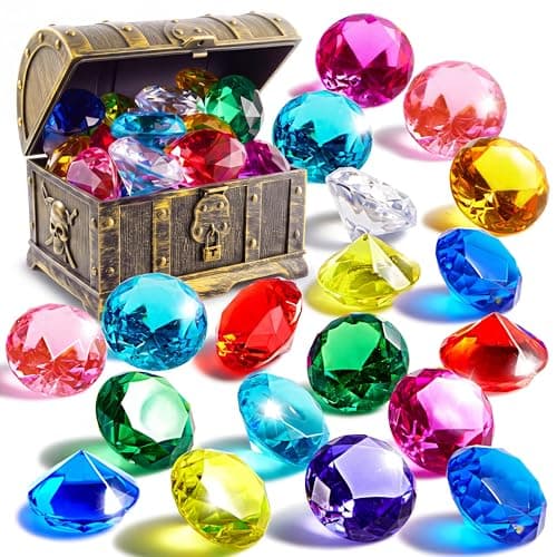 Sloosh Diving Gems Pool Toys, 16 Big Colorful Diamond with Pirate Treasure Chest,Swim Dive Toy for Kids Underwater Gemstone Swimming Training Gift Water Pool Games(Gold)