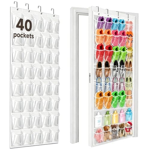 Bofoho Over the Door Shoe Organizer with 40 Clear PVC Pockets – Waterproof Hanging Shoe Holder for Closet & Bathroom – Space-Saving Door Shoe Rack for Shoes, Toys, Toiletries & Snacks (White)