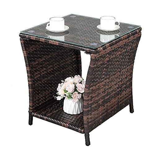 Rpuzonier Outdoor Wicker Rattan Side Table, Square Rattan Coffee End Table Patio Wicker Table with Tempered Glass Top and Storage for Patio Garden Balcony (Brown)