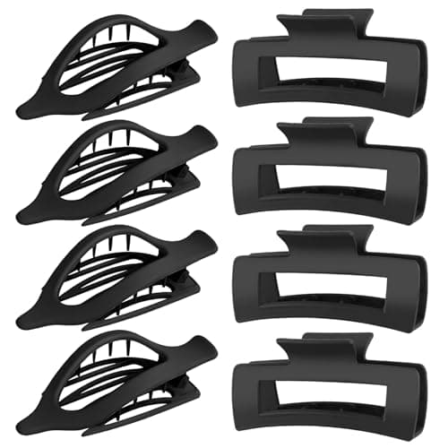 GIRLOLIIAR Flat Hair Claw Clips: 8 Pack 4 Inch Neutral Black Matte French Concord & Large Square Clip Set for Women with Thick/Thin Hair, Non-Slip Extra Hold Jaw Clips for Lay Down/Drive/Daily Use