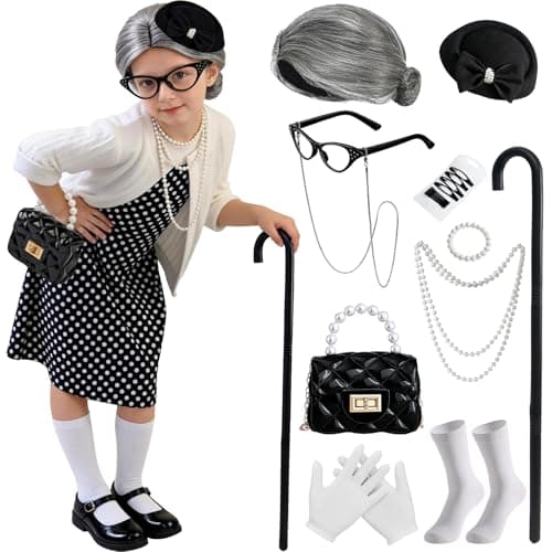 Latocos 16pcs Girls 100 Days of School Costume Kids Old Lady Costume Pillbox Hat Bag Gloves Grandma Cardigan Dress Up Set (110)