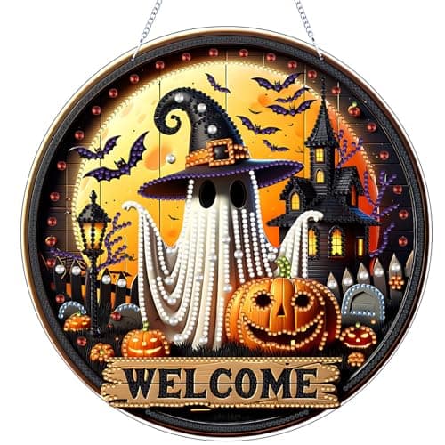 VODAPYC Halloween Diamond Art Hanging Kit for Adults, DIY Double Sided Special Shaped Diamonds Art Window Pendant Ornament Door Sign for Home Decor(Ghost)