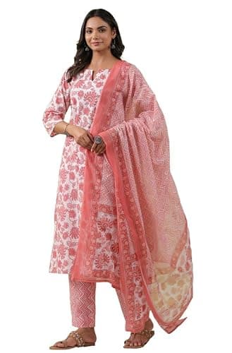 Janasya Indian Women's Cotton White Floral Print Casual Wear Kurta Set for Women
