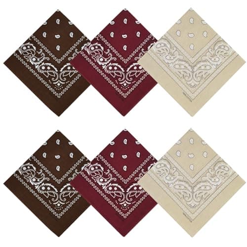APIGANIZ 100% Cotton Bandanas, 21 x 21 inches, Set of 6 (Basic - Brown/Bungundy/Beige)